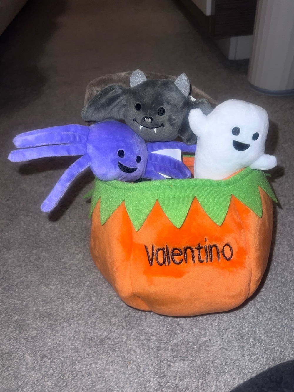 Personalized Valentino Orange Plush is Mini Pumpkin Tote w Plush Cat, Bat, Ghost